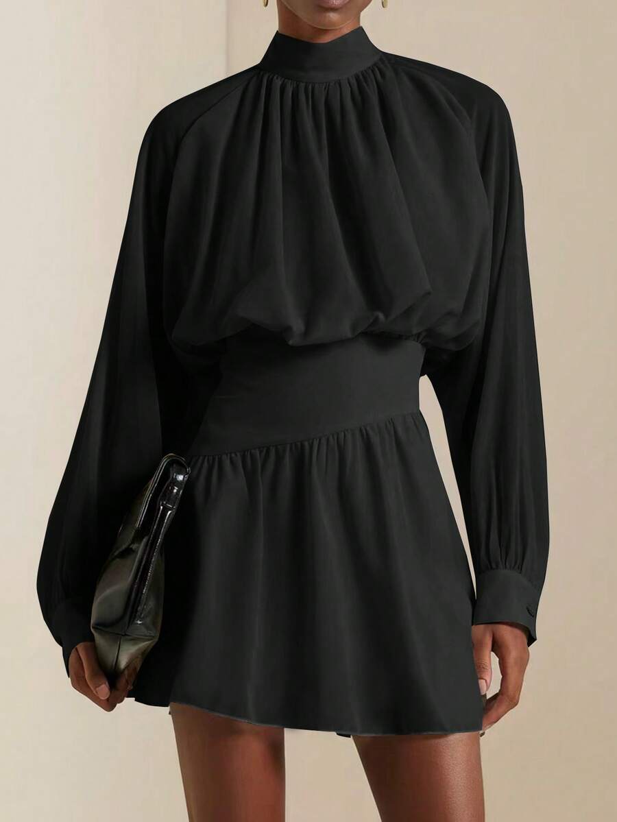 SHEIN Veneréa Autumn New Ruffled Hem Printed Long Sleeve Waist Cinched Mini Dress - Black - View 1