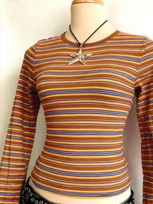 SHEIN 彩色条纹数码印花简约女式长袖圆领 T 恤，送给朋友的礼物 - 白色 - 查看 3