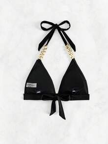 Swim Lushoire 新款夏季海滩度假性感优雅女士比基尼上衣，金属链条肩带装饰，纯黑色，高弹面料，三角比基尼上衣 - 黑色 - 查看 2