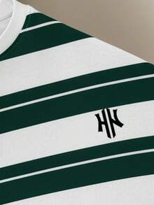 Manfinity Joysei Áo thun nam tay ngắn cổ tròn kẻ sọc in chữ, kiểu dáng thường ngày, đa năng, phù hợp đi làm. - màu xanh lá - Xem 2