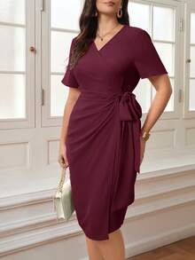 SHEIN Privé Đầm midi tay ngắn cổ chữ V màu tím nhạt dành cho nữ cỡ lớn, có dây buộc bên hông, thanh lịch cho buổi hẹn hò lãng mạn. - Màu Đỏ Sâu - Xem 6