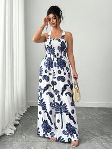 Elenzga Bộ jumpsuit không tay in hoa dành cho nữ cỡ lớn, kiểu dáng thanh lịch, thích hợp cho kỳ nghỉ xuân hè. - Màu xanh lam - Xem 6