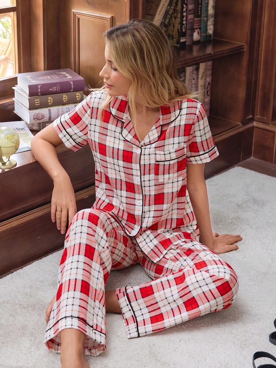 Doze Lane Bộ đồ ngủ nữ cổ kẻ caro, kiểu dáng mở phía trước - Đỏ và trắng - Xem 1