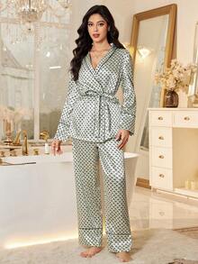 LuxeNights Women's Elegant Geometric All-Over Print Collar Tie Long Sleeve Pajama Set - Multicolor - View 6