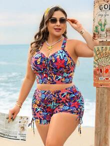 Swim Lushoire Conjunto de traje de baño ajustable de talla grande con estampado de océano, nuevo para vacaciones 2026 - Multicolor - Ver 5