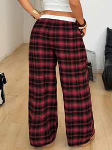 Coolane Women's Plus Size Spring/Summer Casual Daily Wear Basic Loose Checked Plaid Patchwork Wide Leg Pants