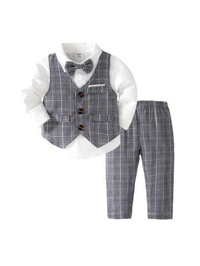 2 件男童休闲西装套装，包括条纹背心和配套西装裤，黑白撞色带来清爽外观，背心上饰有琥珀色双排扣，适合生日派对、聚会、表演和日常外出