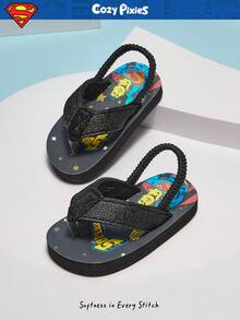 SUPERMAN X Cozy Pixies 1 Pair Summer Casual All-Match Cute Funny Beach Holiday Black Flat Toddler/Baby Slippers - Black - View 1