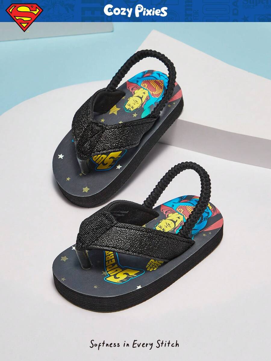 SUPERMAN X Cozy Pixies 1 Pair Summer Casual All-Match Cute Funny Beach Holiday Black Flat Toddler/Baby Slippers - Black - View 1