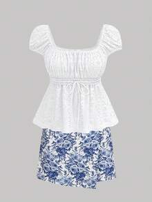 SHEIN MOD Plus Size Women Asymmetric Hem Floral Print Skirt, Vacation Style - Blue and White - View 8