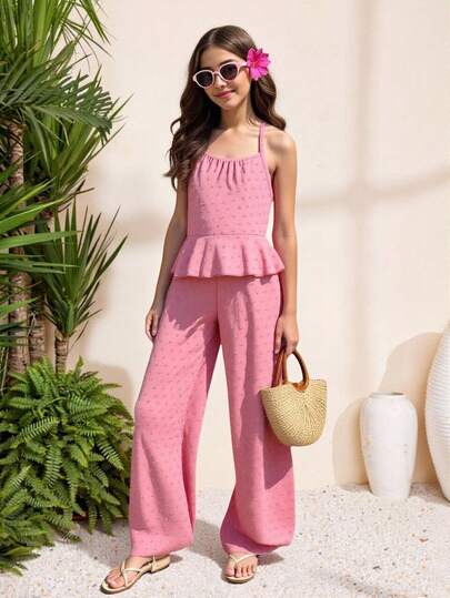 SHEIN ChillGRL Tween Girl 2-Piece Set, Featuring Unique Cut-Out Design Pink Sleeveless Halter Neck Tank Top And Loose Straight Leg Pants, Suitable For Casual Outings, Leisure Vacations, And Sweet Outfit, Ideal For Spring And Summer