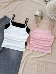 SHEIN Bộ 2 áo hai dây dệt kim màu đen trắng cho bé gái tuổi teen, có dây đeo điều chỉnh được và áo ngực có đệm, thích hợp mặc trong/ngoài, mùa xuân/hè. - Nhiều màu - Xem 2