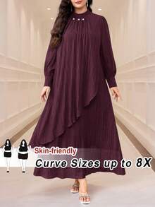 SHEIN CURVE+ 大码优雅纯色灯笼袖连衣裙，适合通勤。 - 酒紅色 - 查看 1