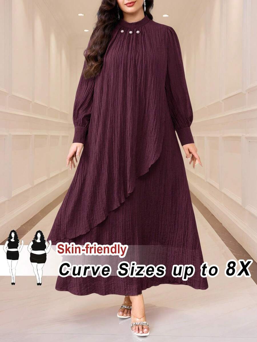 SHEIN CURVE+ 大码优雅纯色灯笼袖连衣裙，适合通勤。 - 酒紅色 - 查看 1