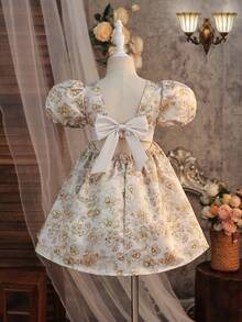 SHEIN Đầm thanh lịch tay phồng họa tiết hoa jacquard trang trí nơ cho bé gái - Rượu sâm banh - Xem 8