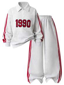 Set 2pcs/Set Sweatshirt Polo Kerah Minimalis Kasual untuk Anak Perempuan, dengan Hiasan Pita Merah di Lengan dan Sisi Celana, Desain Cetak di Bagian Depan, Cocok untuk Sekolah, Jalan-jalan, Berjalan-jalan, Dapat Dipadukan dengan Jaket, Rompi - Grey - View 6