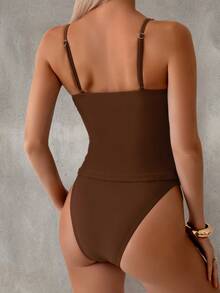 Swim Basics Bộ bikini dây mảnh cổ điển hình chữ V khoét sâu đính hạt vàng, thời trang cho kỳ nghỉ - màu nâu - Xem 2