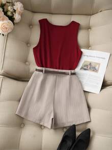 Franclia 女士纯色圆领背心和条纹半裙休闲两件套 - 彩色 - 查看 2