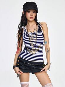 ROMWE Grunge Punk SummerY2K Vintage Navy Striped Anchor Rhinestone Decor Bodycon Tank Top - Blue and White - View 8