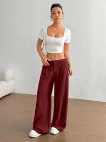 SHEIN Unity 2026年女士新年裤装，复古新潮百搭，适合工作和商务场合，直筒裤腰部拼接高端设计，显瘦红色裤子 - 紅色 - 查看 5