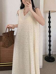 DAZY 女士V领带口袋休闲宽松时尚无袖中长连衣裙婚礼宾客礼服 - 米色 - 查看 2