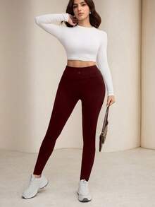 Modelyn Quần legging nữ màu trơn, thiết kế cài nút ở eo, kiểu dáng thường ngày thoải mái. - Màu Đỏ Sâu - Xem 6