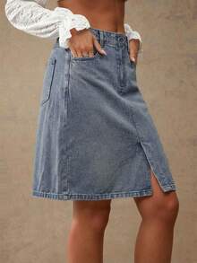 WESTFADE Front Slit Exposed Zipper O-Ring Fitted Denim Midi Skirt - Medium Wash - View 4