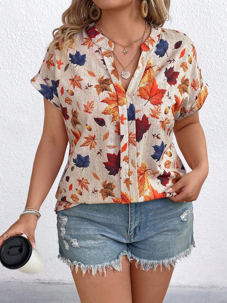 EMERY ROSE Plus-Size Women's Woven Printed Short Sleeve V-Neck Shirt,Beige Summer Boho Vacation Blouses Casual Tops - Apricot - View 4