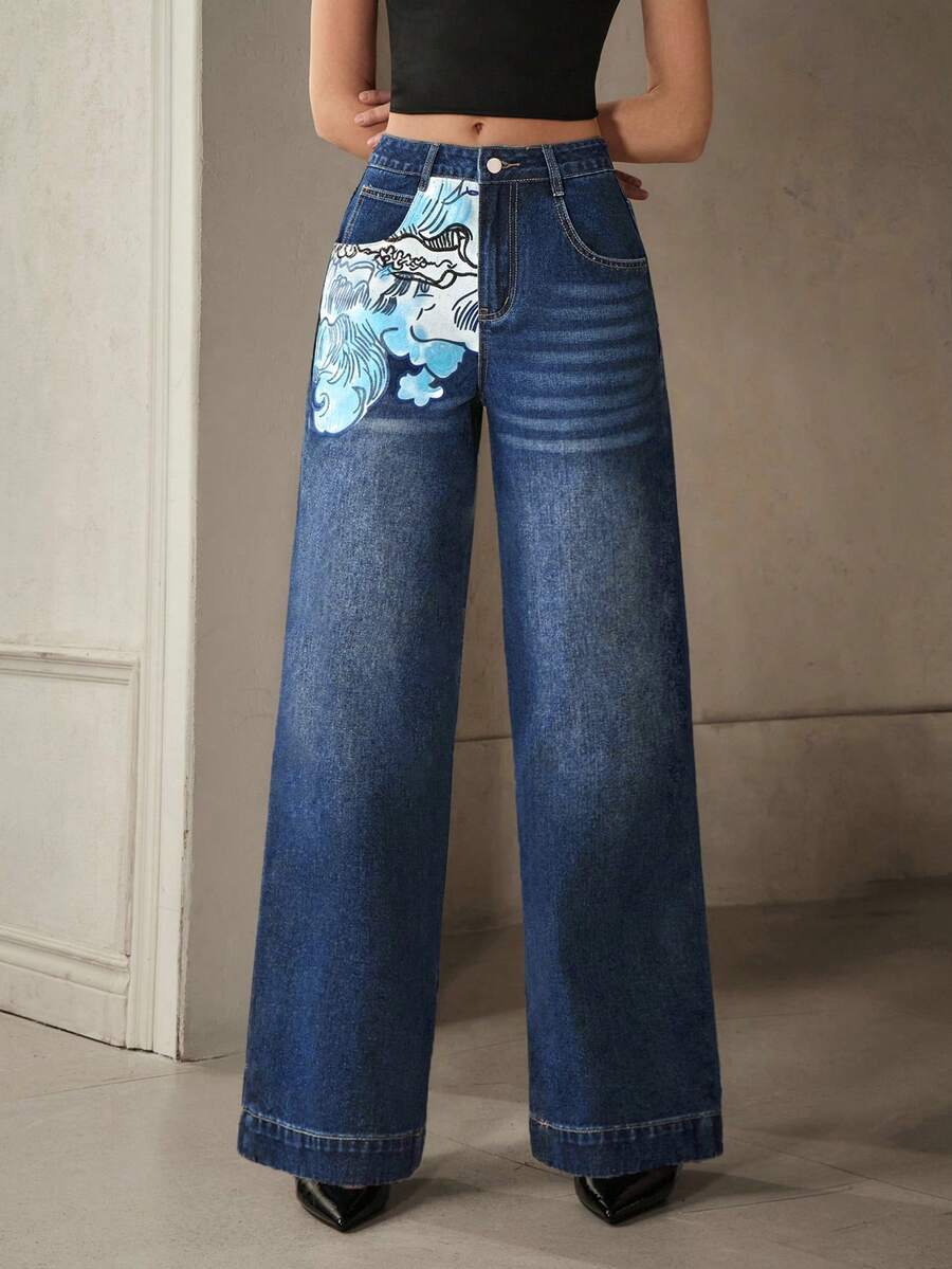 Selenza 女士带口袋阔腿宽松休闲百搭牛仔裤 - 藍色 - 查看 1