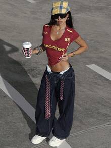 Rina Fox 2026 Women's American Shoulder Short Sleeve Sexy Slim Fit V-Neck Letter Print T-Shirt - Red - View 3