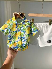 SHEIN 2pcs/Set Baby Boy Summer Casual Beach Holiday Cute Lemon Print Short Sleeve Shirt & Elastic Waist Shorts Set, Summer Vacation Outfit Boy Vacation Outfit Sets Baby Boy Beach Shirts Baby Hawaiian Shirt Toddler Boy Tropical Outfit Boy Summer Outfit Set - Multicolor - View 1