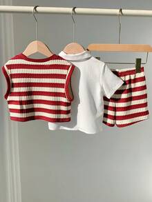 SHEIN 3件套男宝宝夏季休闲可爱条纹卡通图案红色条纹背心、白色衬衫、短裤绅士套装，适合生日派对、锐舞派对、晚宴、演出、婚礼、迎婴派对、一周岁生日庆祝等场合。 - 彩色 - 查看 2