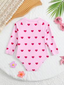 SHEIN Sparklyn 女婴爱心印花连体泳衣，沙滩/度假款 - 粉色 - 查看 3