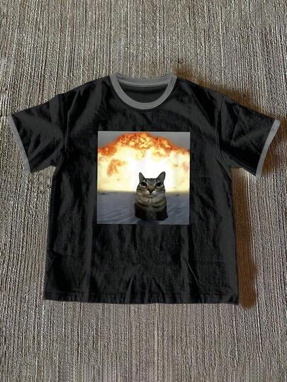 Manfinity Dauomo 加大码男士休闲日常通勤时尚趣味猫咪印花短袖圆领T恤，夏季