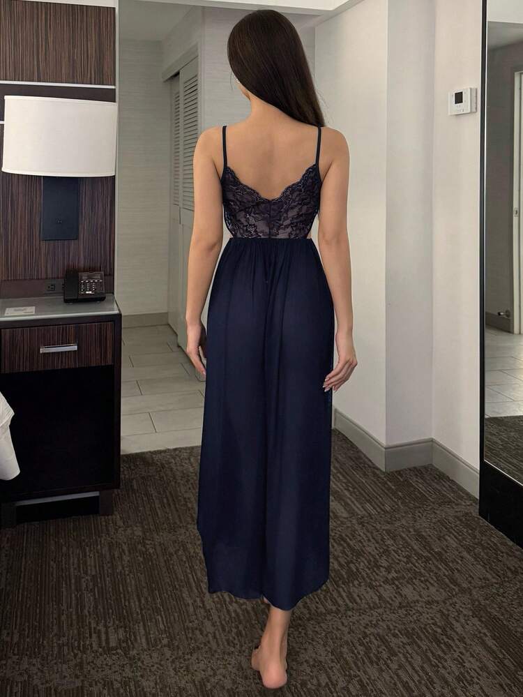 Sheer Lace Contrast Mesh Waist Cinching High Slit Backless Spaghetti Strap Sexy Nightgown Lingerie For Women