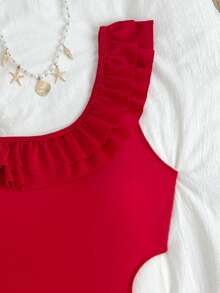 SHEIN Traje de baño de una pieza con doble volante hueco para adolescentes en color rojo - Rojo - Ver 4