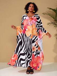 BrightlyHer Plus Size Women's Summer Casual Vacation  Zebra & Floral Print Loose Dress,  Summer Holiday,Spring Break Outfits ,Vacation Outfits Women ,Holiday Outfits For Women,Spring Dress Women,Going Out Outfits,2026 New Clothes,Simple And Fashionable For Everyday Wear,Casual Vacation Boho Top,Dresses For Women,Flowy Dress,Holiday Outfits Boho Plus Size Resort Wear Plus Size Hawaiian Dress Tropical Dress Plus Size Animal Print Plus Size - Multicolor - View 5