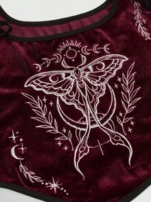 ROMWE Goth 春夏哥特暗黑风刺绣飞蛾撞色宫廷方领紧身丝绒背心 - 紅色 - 查看 4