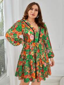 SHEIN VCAY Plus Size Elegant Floral Print Tie-Waist Backless Dress, Suitable For Commuting - Royal Blue - View 5