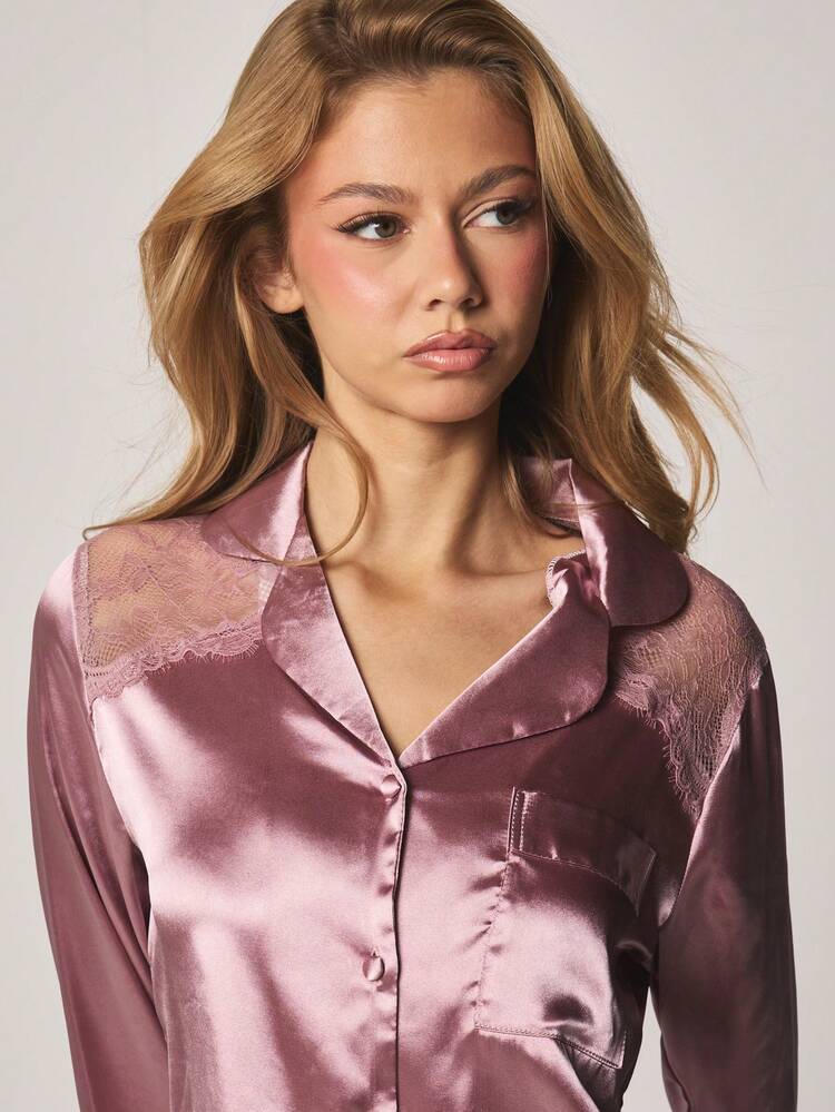 MISSGUIDED Satin Button Front Pajama Set With Long Sleeve Collared Top And Matching Shorts With Delicate Lace Trim Detail For Sleepwear Loungewear