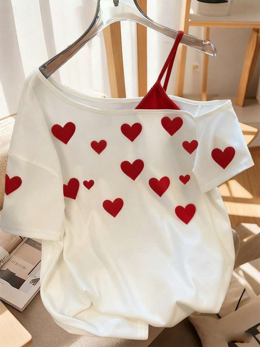 GlowEve Women's Casual Heart Print Asymmetric Neck T-Shirt, Summer - White - View 1