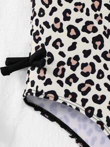 SHEIN 女童针织休闲可爱豹纹圆点蝴蝶结连体泳衣