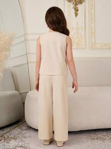 SHEIN Girls 2 Pieces Summer Outfits,Linen Button V-Neck Sleeveless Top And Elastic Waist Pants Set,Retro Casual Style For School,Travel And Outdoor Play - Khaki - View 5