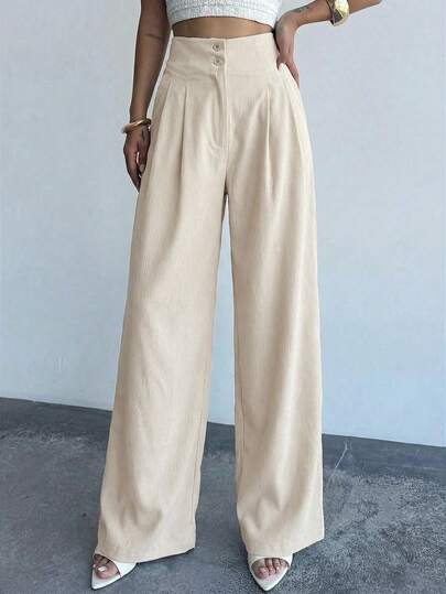 Firerie Women's Elegant Casual Wide Leg Pants, Apricot Solid High Waist Pleated Loose Trousers, Fashionable & Versatile, New Spring/Summer Pants, Vacation Pants