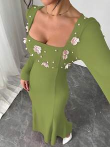 Modelyn Vestido de Festa Elegante Feminino com Decote Quadrado, Decoração de Flor de Pérola e Cauda de Sereia - Verde - Visão 3