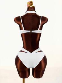 Amplova Women's Halter Neck One-Piece Swimsuit With Mesh Splice, Sexy Backless Design Vacation Outfit Vacation Outfits Women Holiday Outfits For Women - Apricot - View 5