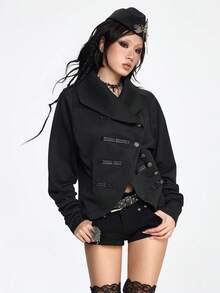 ROMWE Grunge Punk 女士纯色重叠纽扣不对称下摆时尚百搭休闲长袖卫衣，秋冬款 - 黑色 - 查看 1