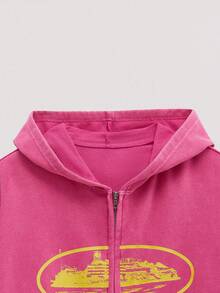 Open Phase Washed Men's Autumn Dropped Shoulder Long Sleeve Zipper Collar Retro Fashion Print Casual Hoodie - Hot Pink - View 4