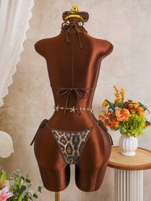 Swim SXY 2026 New Leopard Print Sequin Brown Drawstring Hem Skirt, Sexy Halter 3-Piece Bikini Swimsuit For Women - Multicolor - View 4