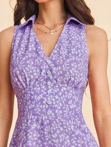 Coeurva 女士碎花露肩开衩连衣裙，春夏度假款 - 淡紫色 - 查看 2